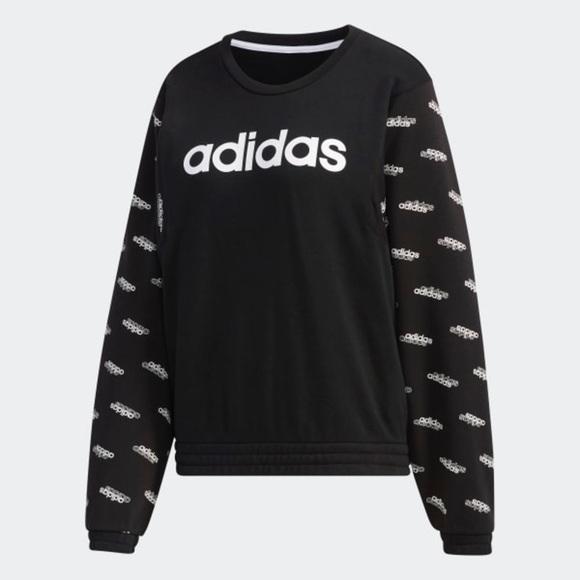 Adidas Linear Fav Core All Over Print Pullover Sweatshirt Sz M  Black White - Picture 2 of 7